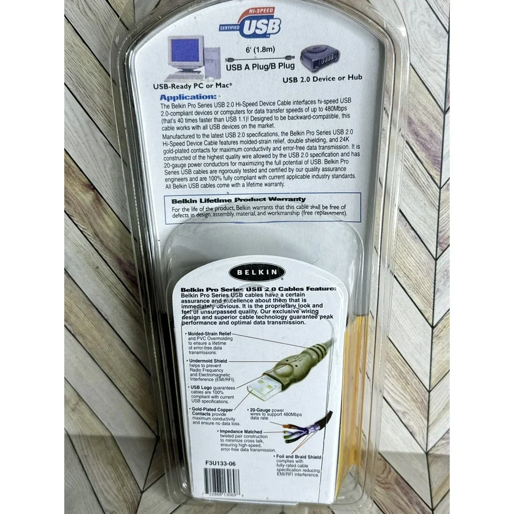 New Sealed Belkin USB 2.0 Cable 6ft Black Hi-Speed A to B Printer Scanner